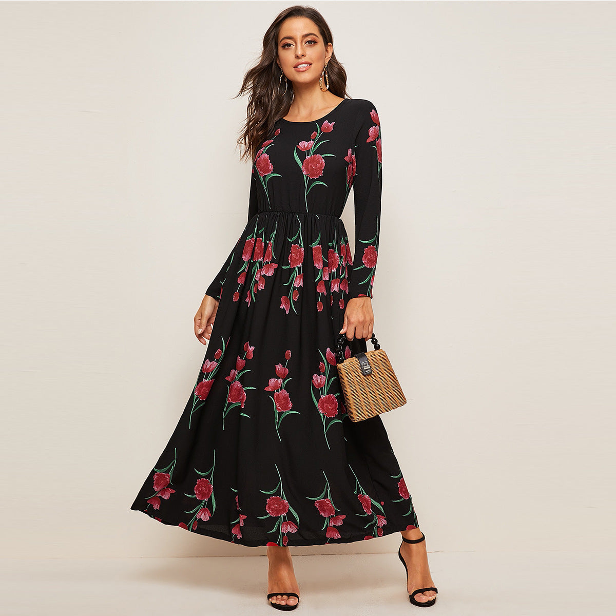 Fashion Rose Print Robe Dubai Dress