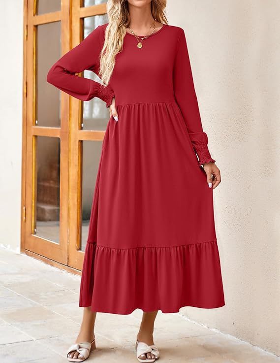 Women's Smocking Long Sleeve Round Neck Mid-length Dress