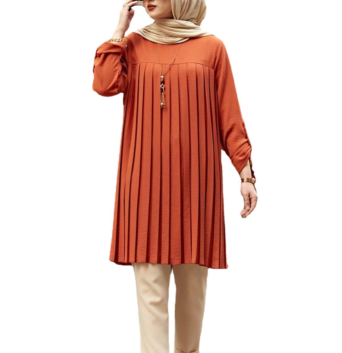 Muslim Women's Wear Casual Pleated Loose Long Sleeve Round Neck Plus Size Top