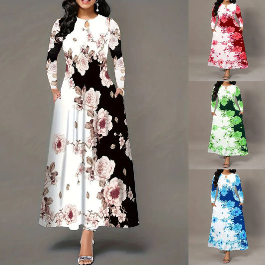 Round Neck Long Sleeve Printed Pocket Waist-controlled Large Hem Dress