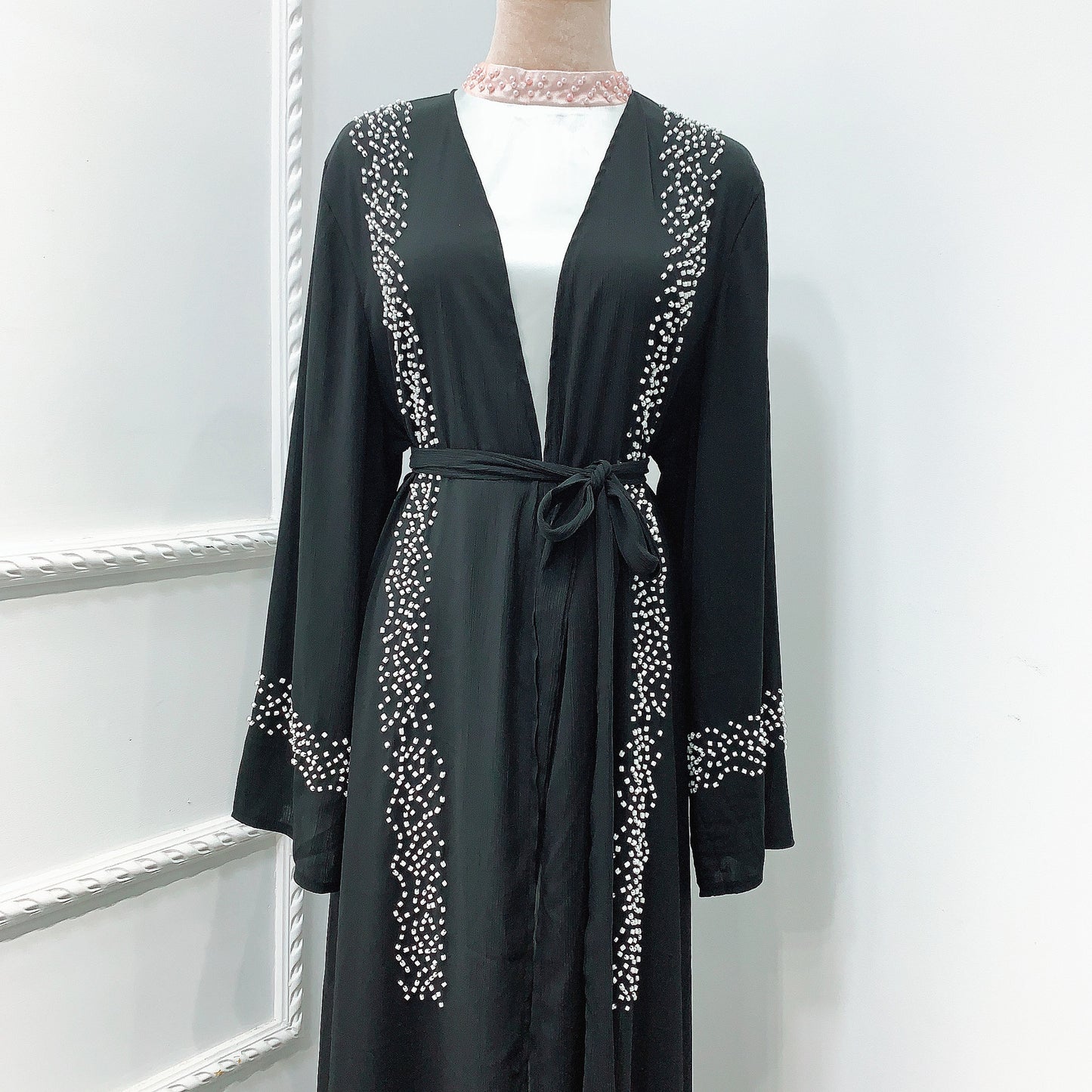 Muslim Solid Color Beaded Middle Eastern Robe Dress