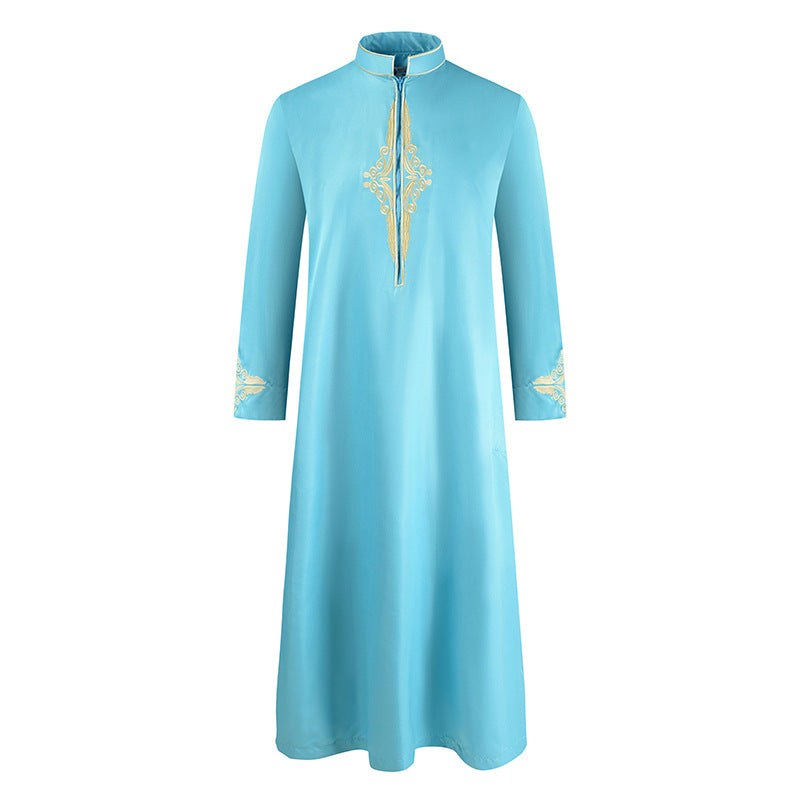 Men'S Robe Solid Color Embroidered Middle East Muslim Long-Sleeved Foreign Trade Robe