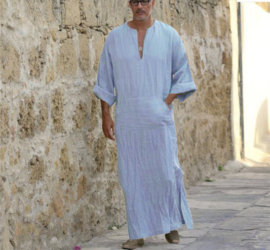 Cotton And Linen Men's V-leg Long-sleeved Gown Ethnic