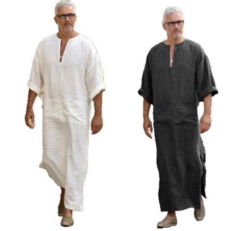 Cotton And Linen Men's V-leg Long-sleeved Gown Ethnic