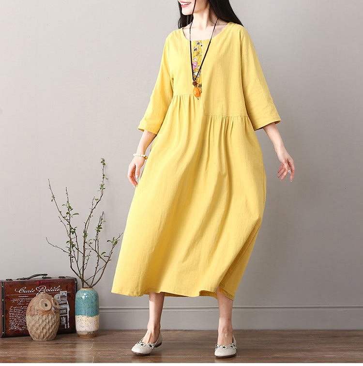 Cotton And Linen Long Dress New Loose Pullover Robe Literary Large Size Ethnic Style Long Skirt