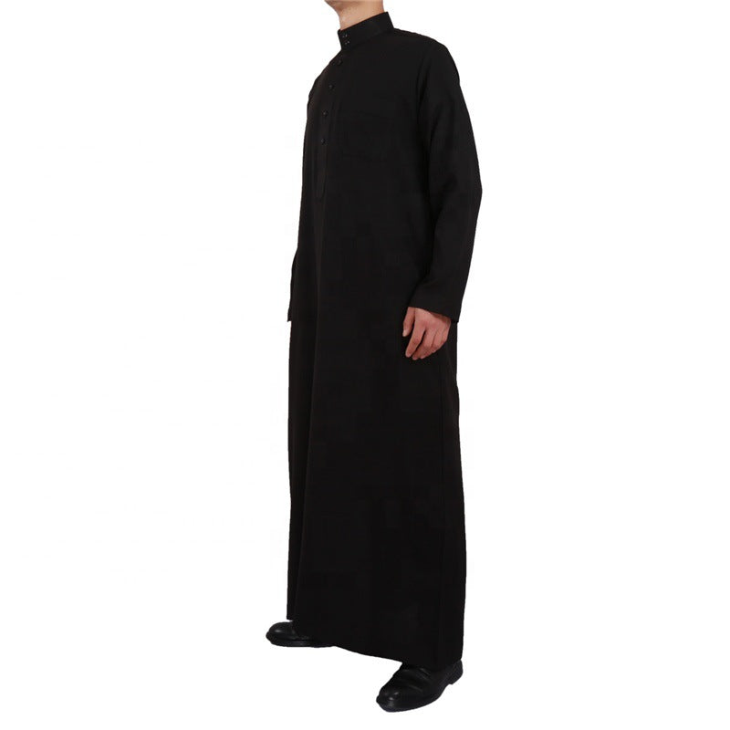 Men'S Qatar Style Cotton And Linen Long-Sleeved Stand-Up Collar Plus Size Arab Robe Middle Eastern Men'S Worship Robe