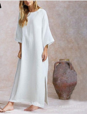 Femmes Solide Maxi Longue Robe Coton Vintag Grande Taille Robe Blanche Sexy Fendu Ourlet Vestido Robe Femme