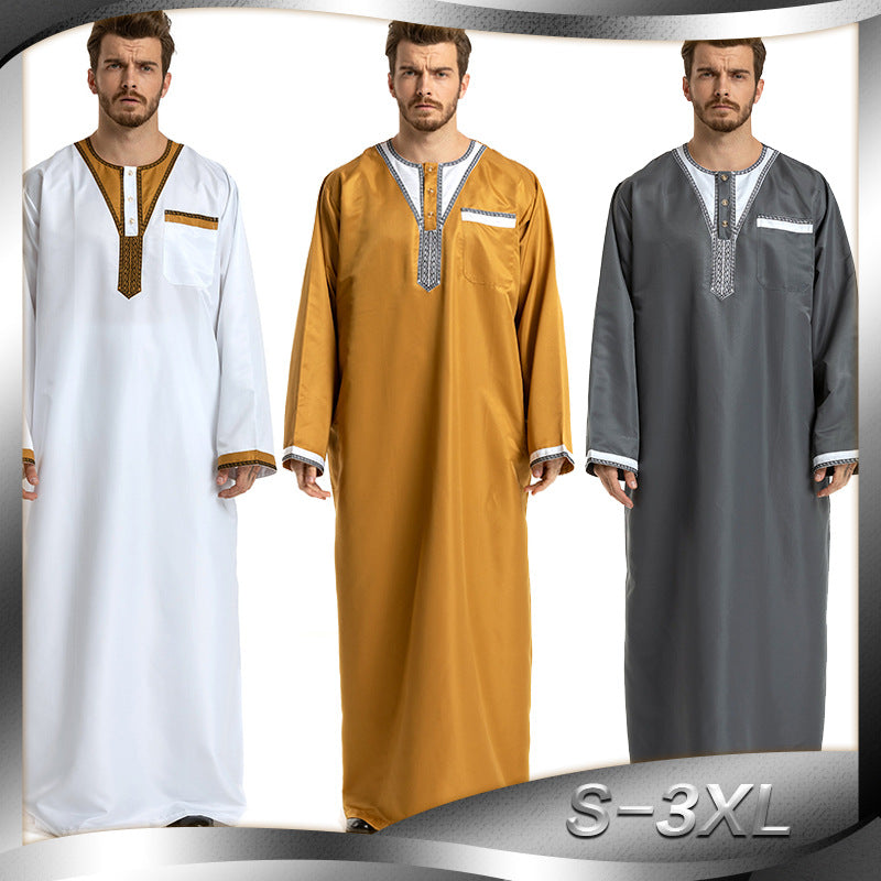 Round Neck Stitching Long-Sleeved Muslim Hui Robe Male