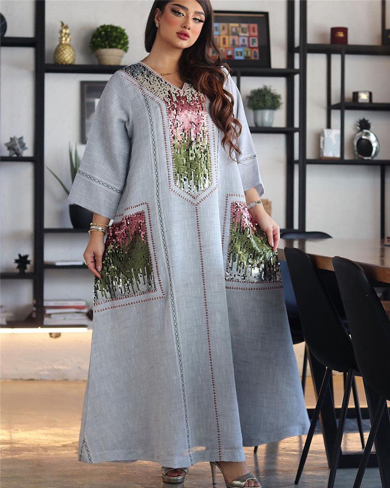 Dubai Beads And Sequins Embroidered Robe Lent Muslim Women's Clothing