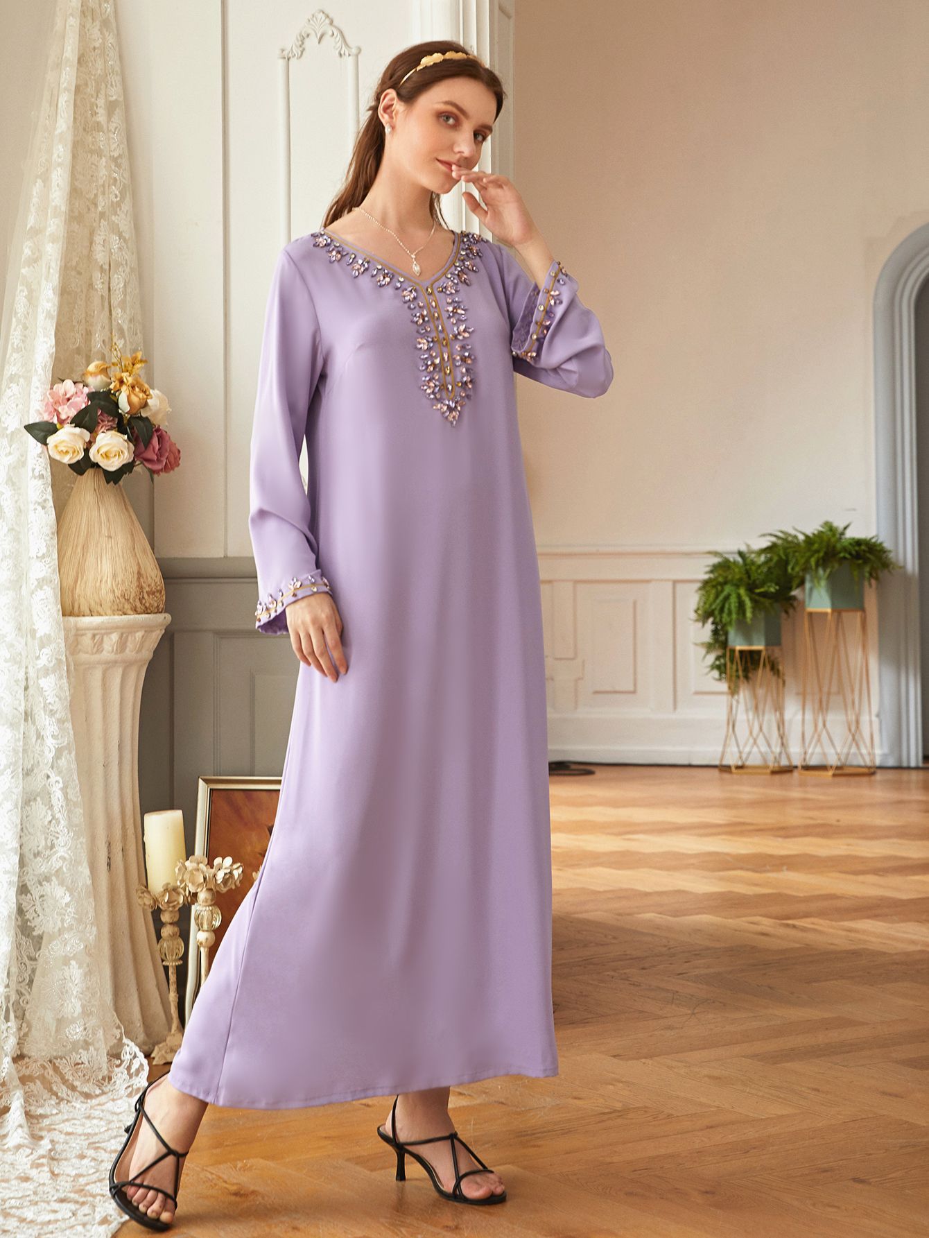 Light Purple Heavy Industry Rhinestone Phnom Penh Robe Middle East Turkey Dress