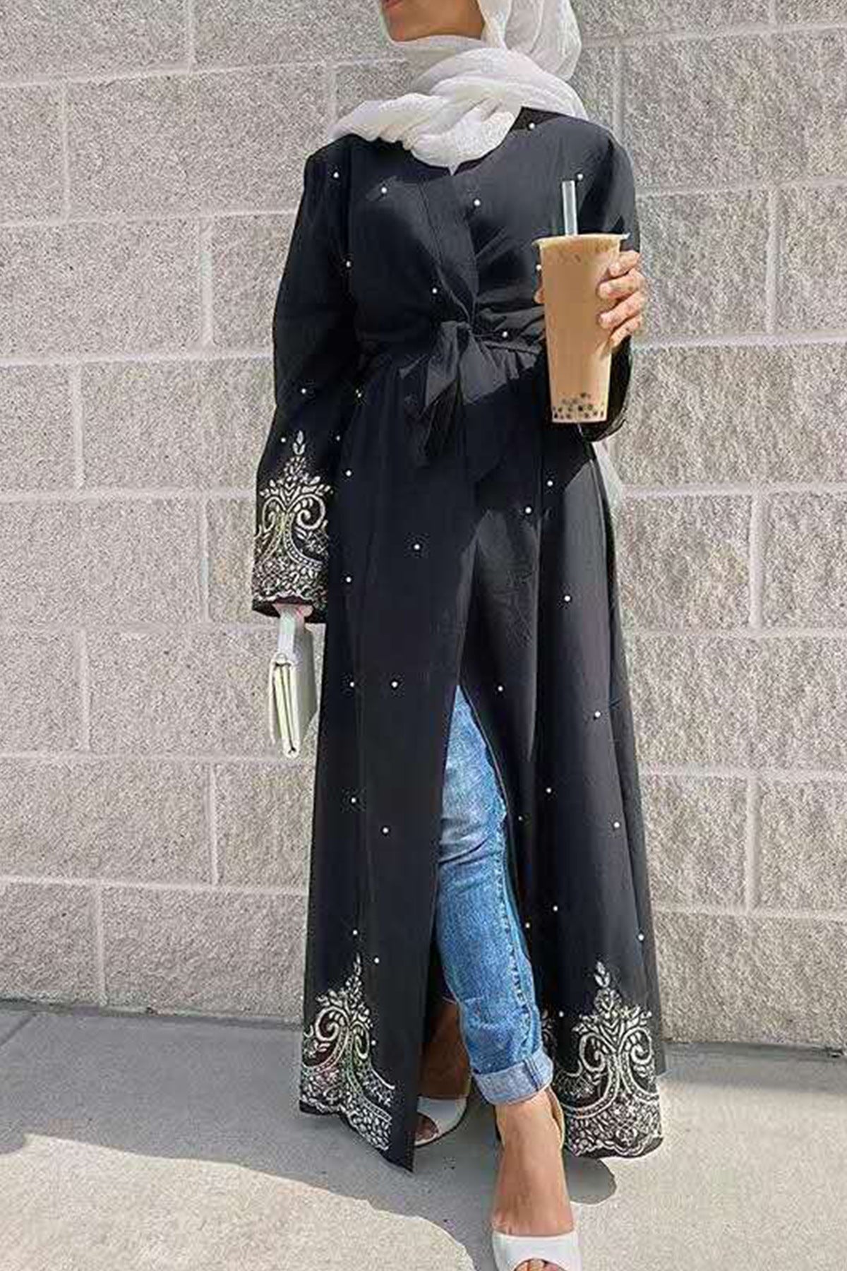 Long Sleeved Embroidered Beaded Robe Arabic Long Cardigan