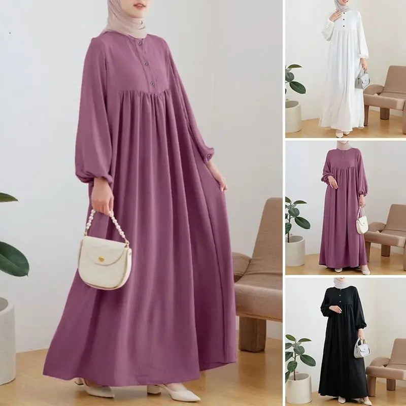 Muslim Robe Casual Lantern Sleeve Simple Solid Color Dress