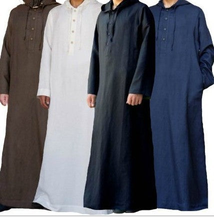 Arab Style Simple Long Men's Hooded thobe Muslim Robe