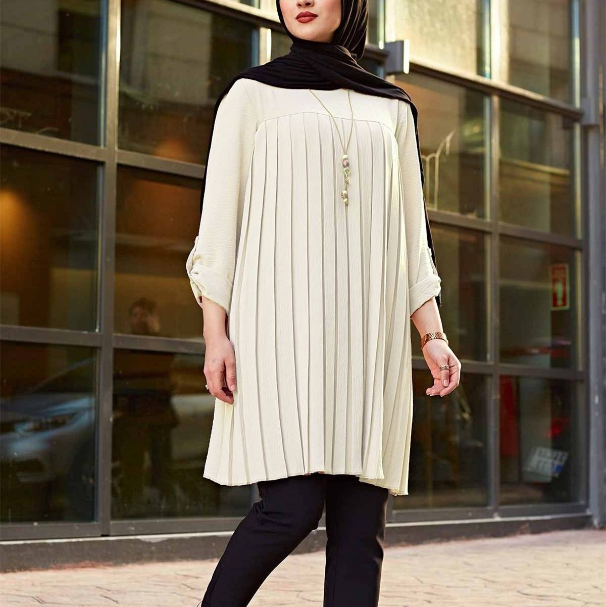 Muslim Women's Wear Casual Pleated Loose Long Sleeve Round Neck Plus Size Top