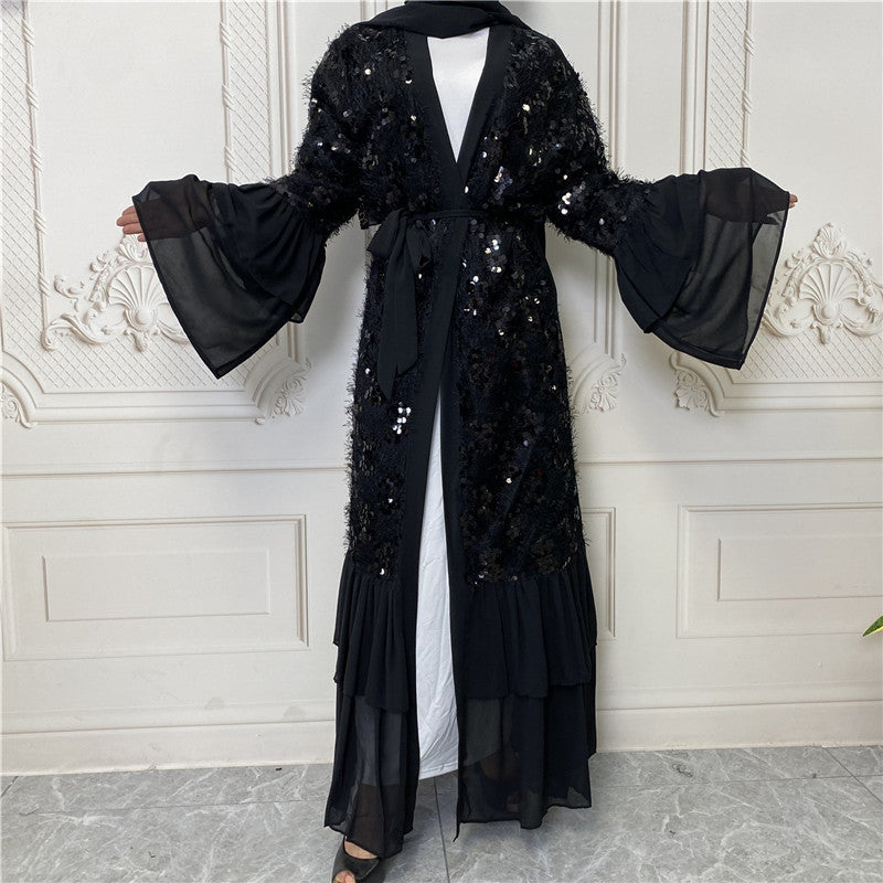 Hot Sale New Sequined Chiffon Bell Sleeve Muslim Cardigan 1737