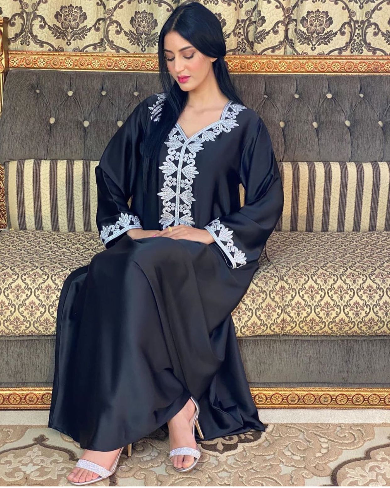 Middle East Dubai Embroidery  Bronzing Lace Jalabiya Dress