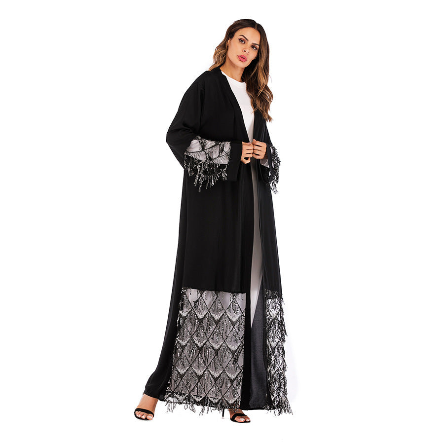 Fashion Robe Mesh Bead Panel Loose Lace Up Long Sleeve Cardigan