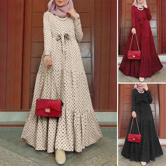 Women Polka Dot Long Sleeve Dress Stylish Belts Party Robe