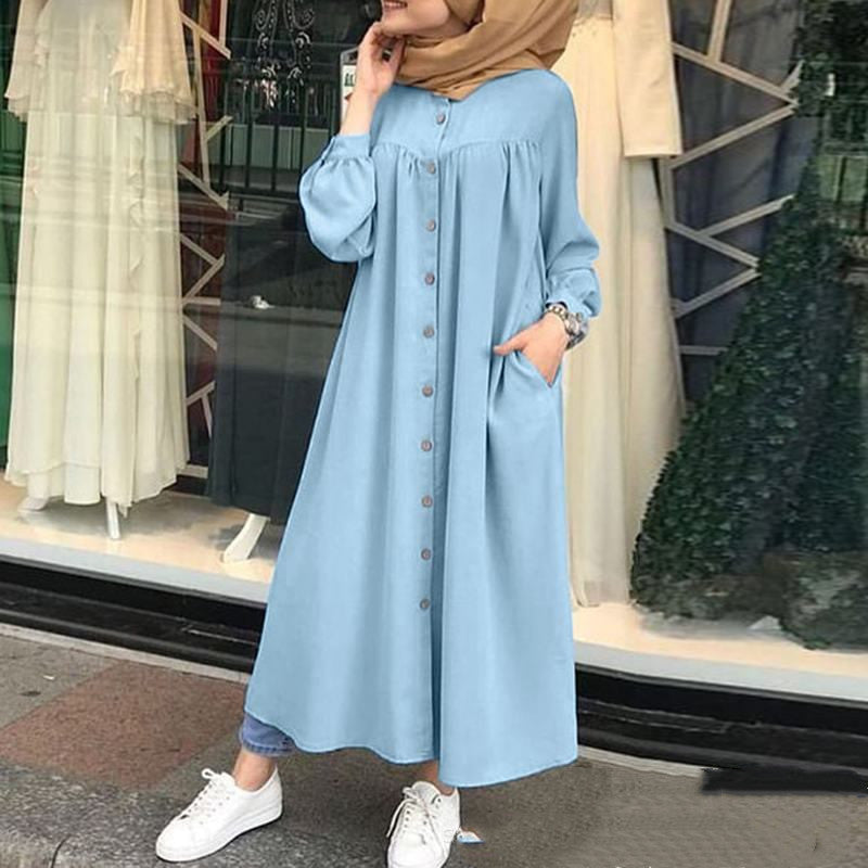 Long sleeve shirt dress casual pocket robe