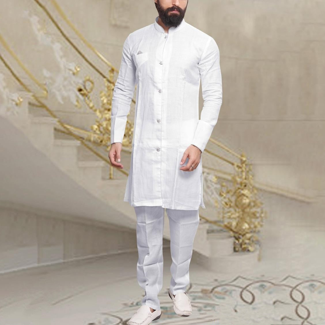 Men Muslim Kurta Pyjama Linen Button