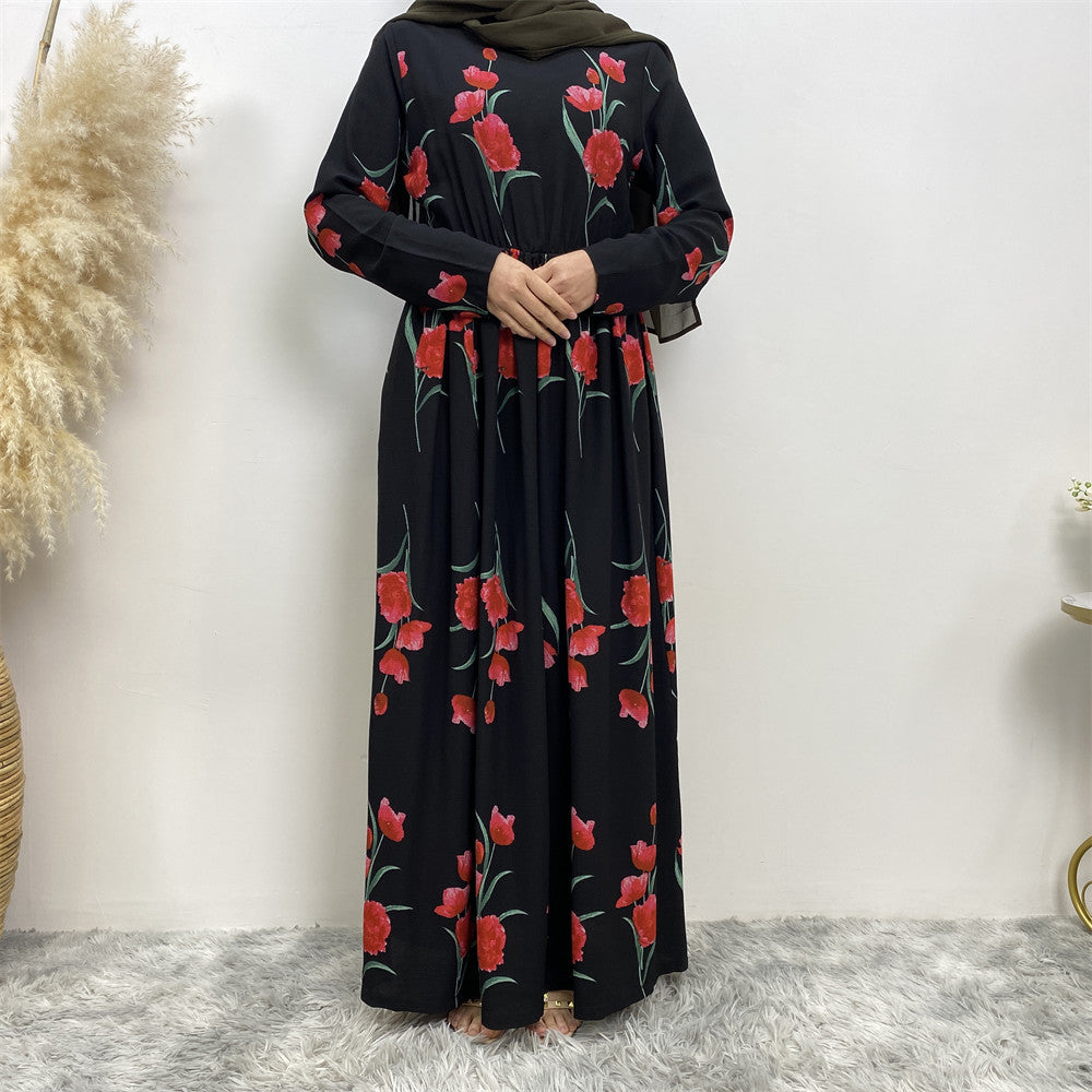 Fashion Big Rose Print Robe Dubai Dress