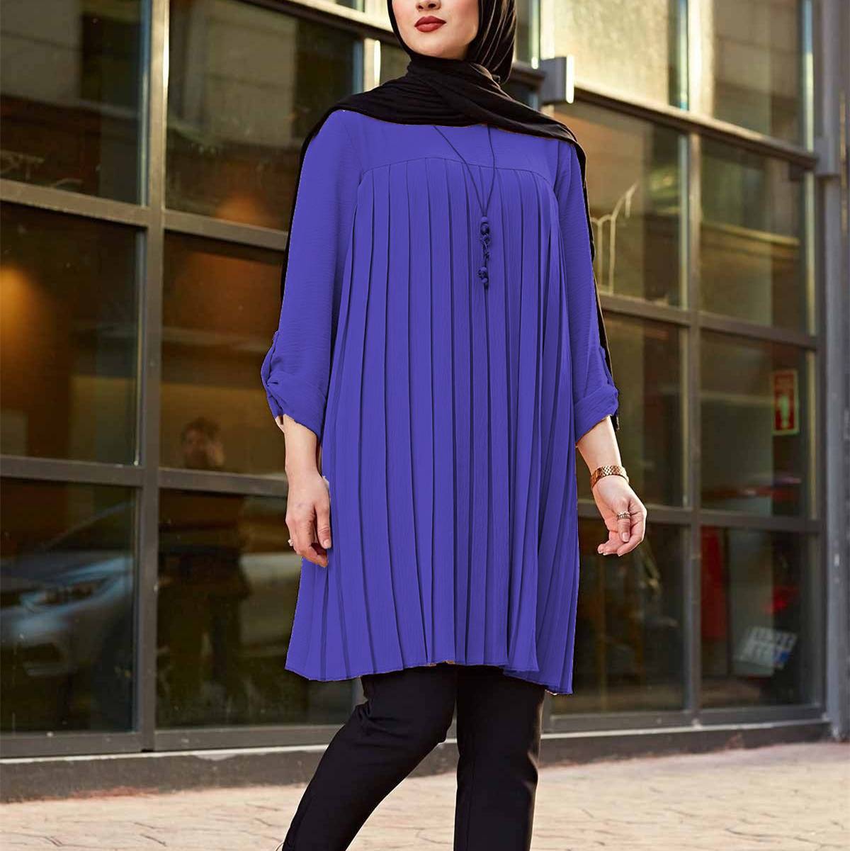 Muslim Women's Wear Casual Pleated Loose Long Sleeve Round Neck Plus Size Top