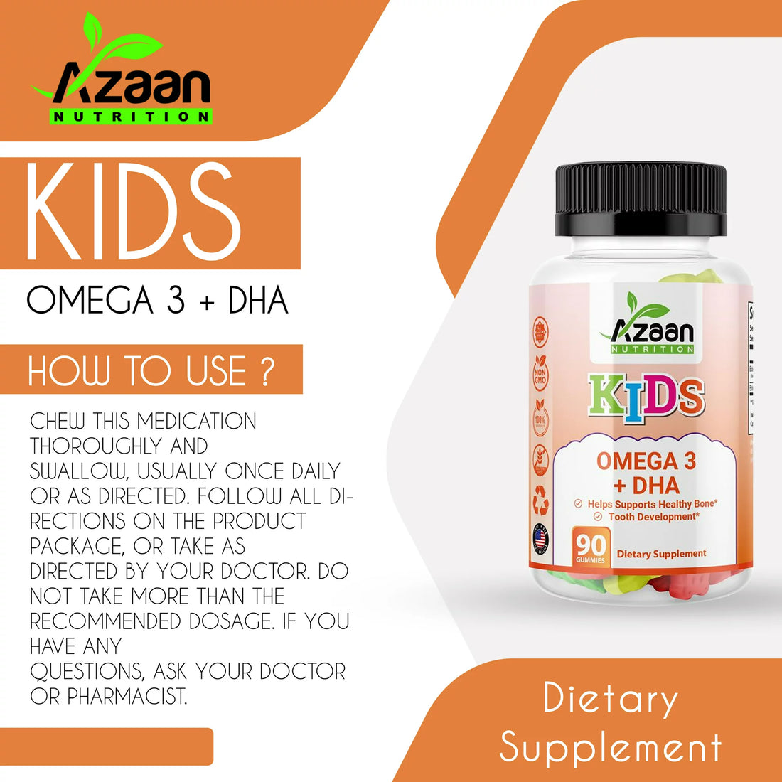 Azaan Kids Halal Vegan Omega 3 + DHA Gummies Support Brain, Heart, Immune Health - Delicious & Nutritious!