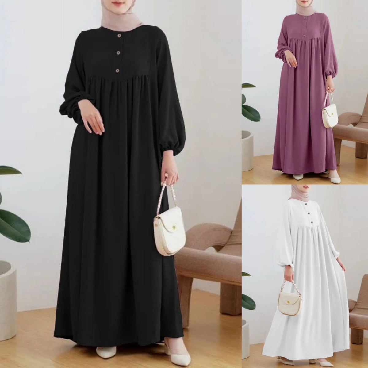 Muslim Robe Casual Lantern Sleeve Simple Solid Color Dress