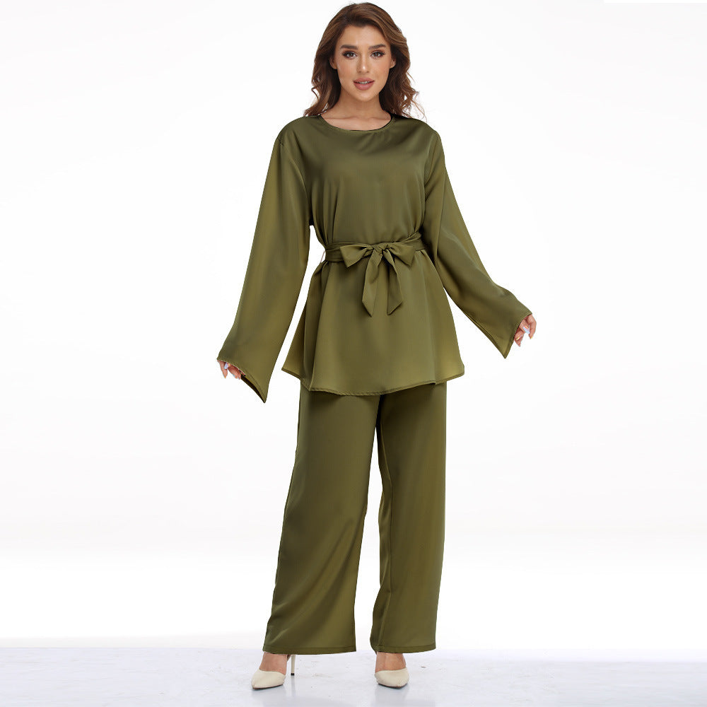 European And American Plus Size Women's Clothes Muslim Robe Lace-up Dress Two-piece Set