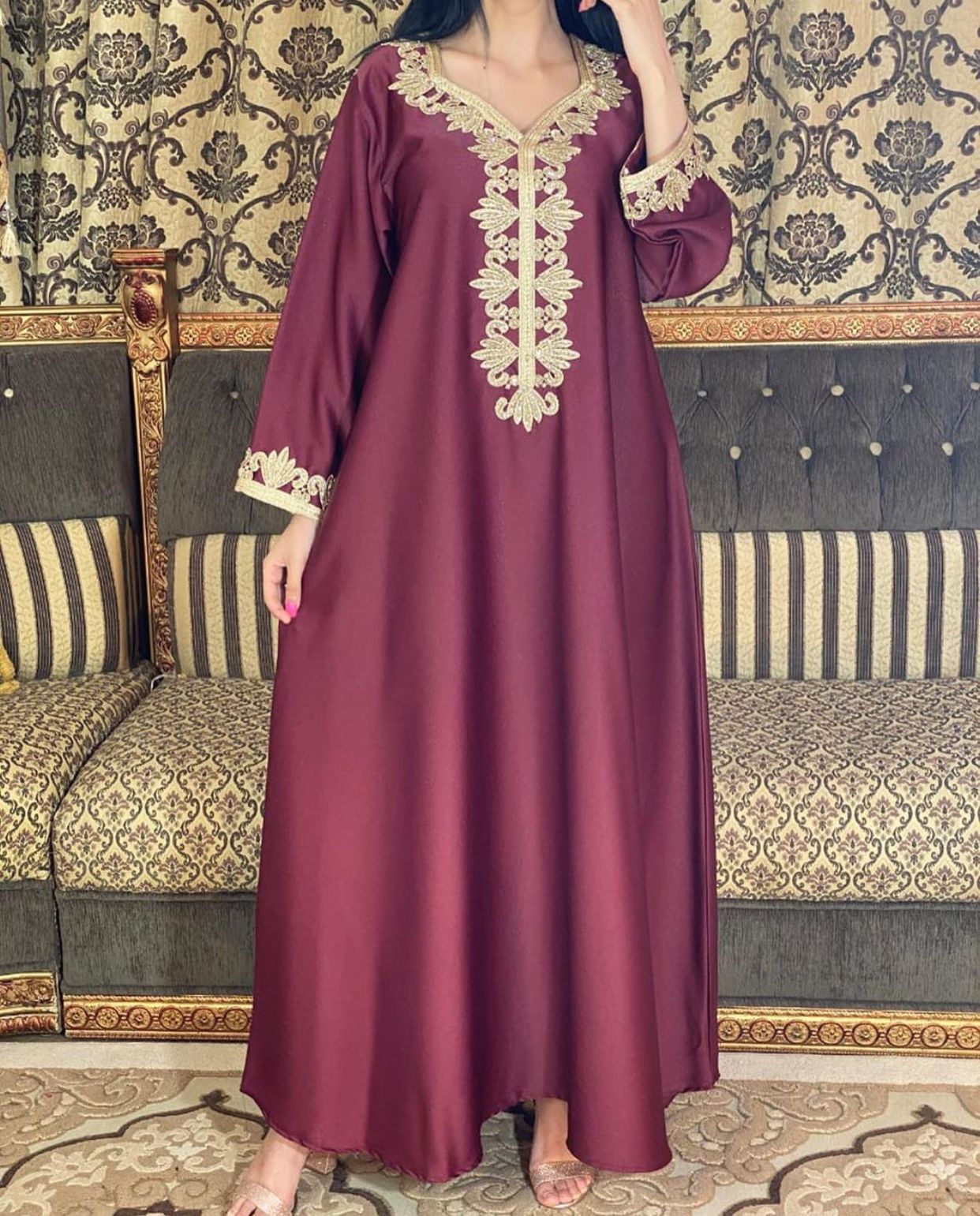 Middle East Dubai Embroidery  Bronzing Lace Jalabiya Dress