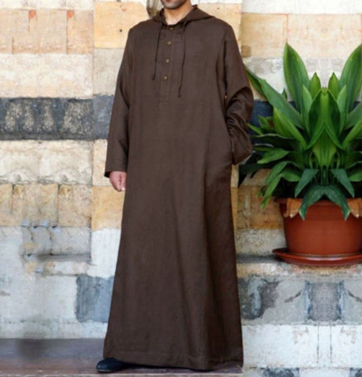 Arab Style Simple Long Men's Hooded thobe Muslim Robe