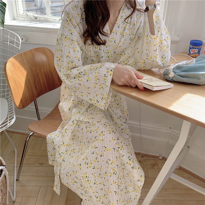 Ladies Cotton Floral Long Sleeve Tie Robe