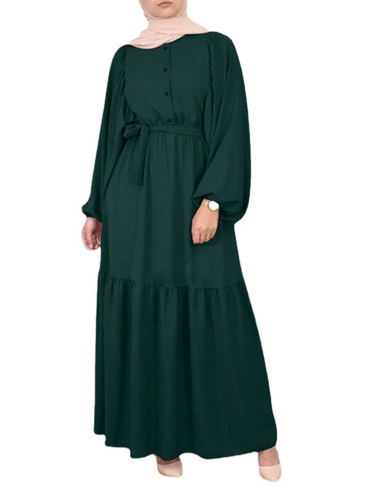 Muslim Solid Color Puff Sleeve O-neck Overlong Dress With Belt