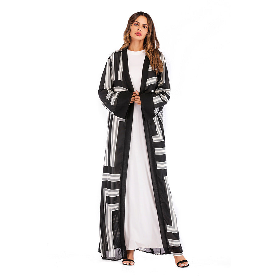 Muslim Stripe Loose Lace Cardigan Robe Female