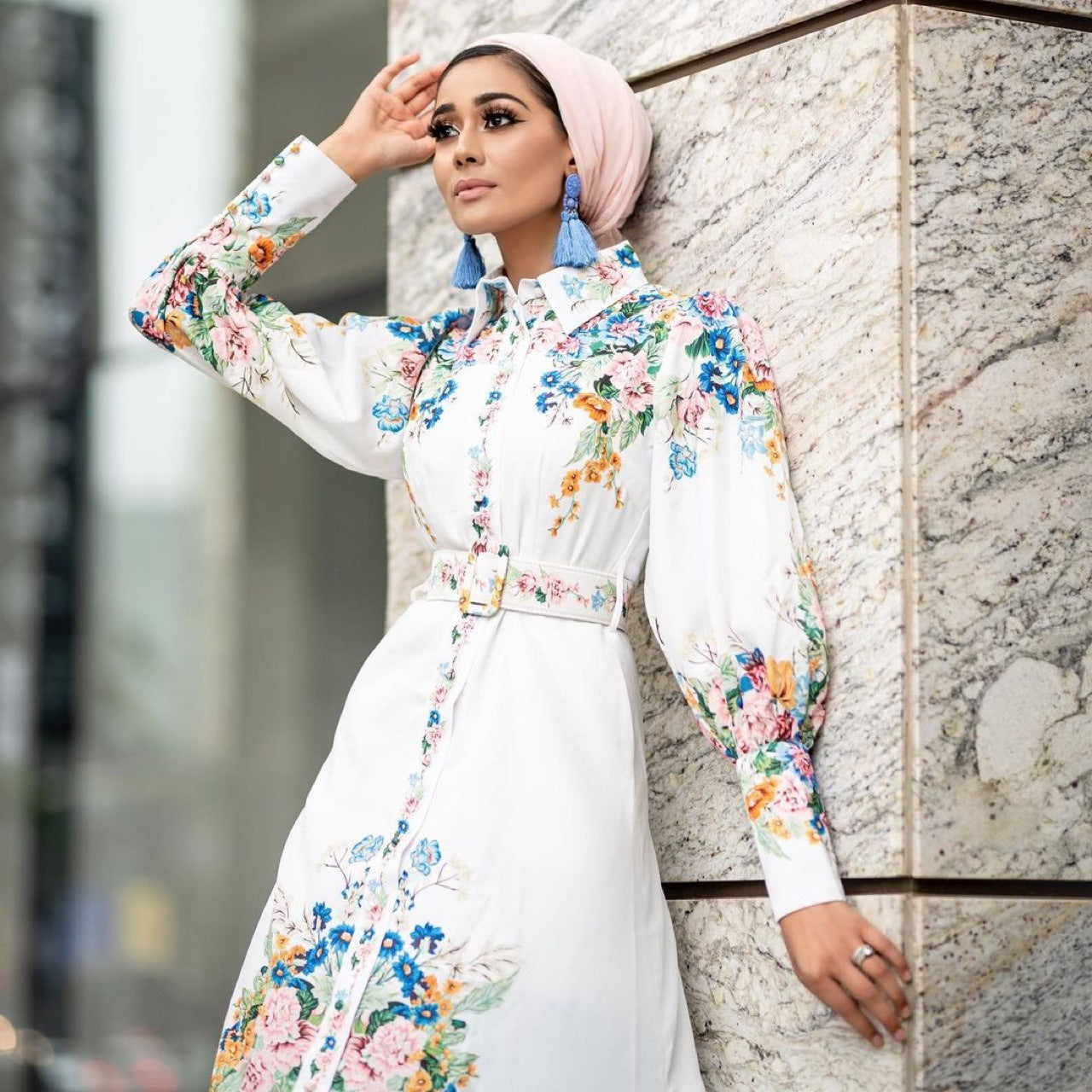 Fashion Puff Sleeves Lapel Robe Arabic Women's Digital Printed Mid Waist Long Dress