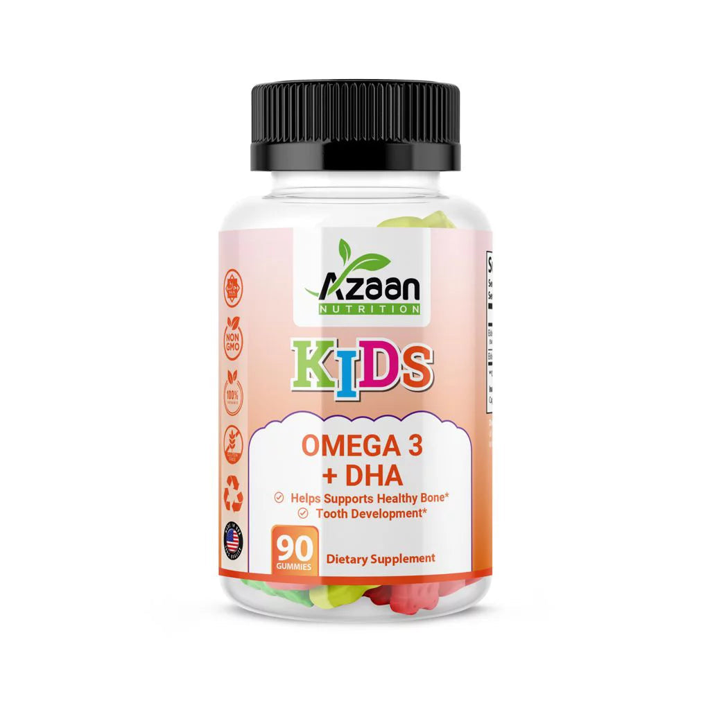 Azaan Kids Halal Vegan Omega 3 + DHA Gummies Support Brain, Heart, Immune Health - Delicious & Nutritious!