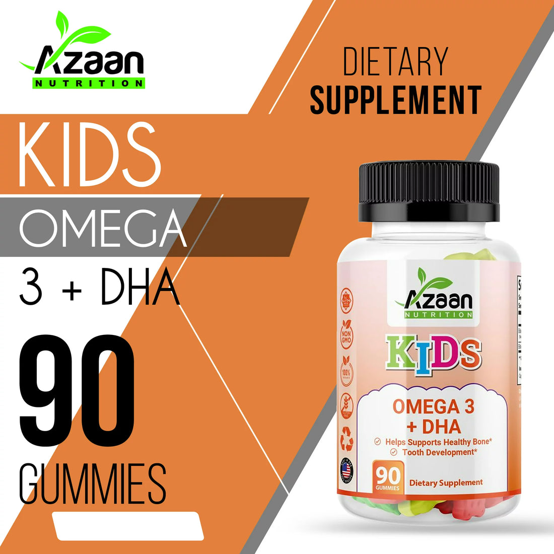 Azaan Kids Halal Vegan Omega 3 + DHA Gummies Support Brain, Heart, Immune Health - Delicious & Nutritious!