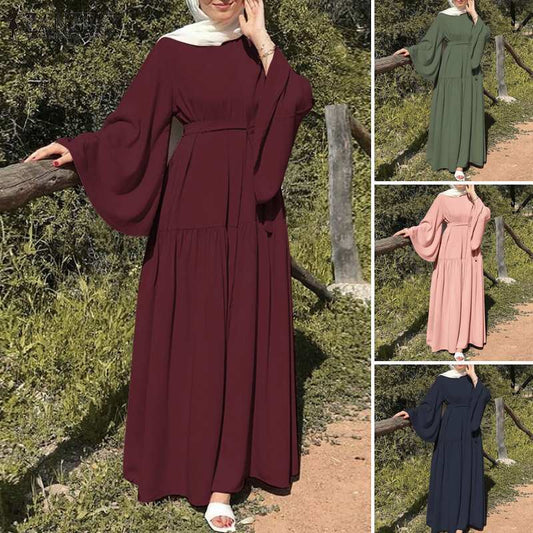 Muslim Women's Wear Casual Bell Sleeve Belted Swing Long Dress