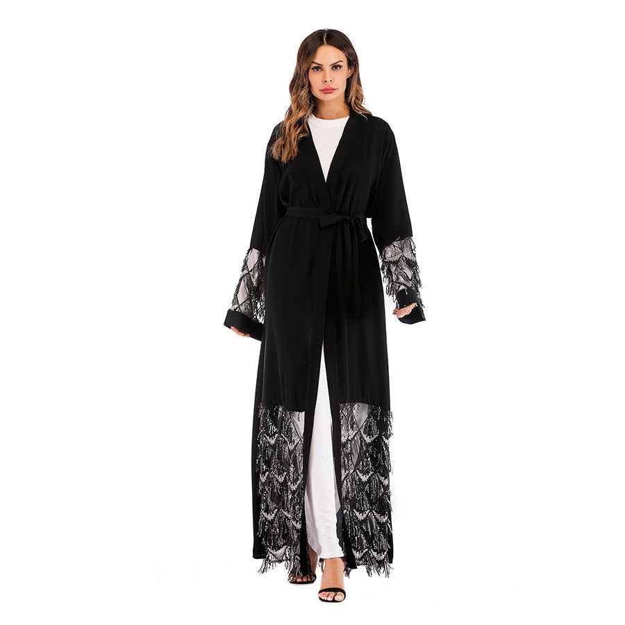 Fashion Robe Mesh Bead Panel Loose Lace Up Long Sleeve Cardigan