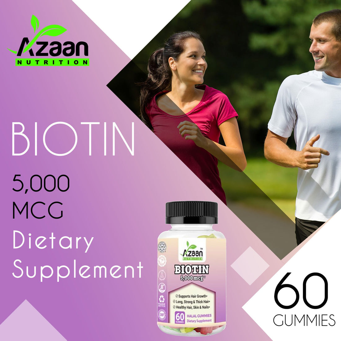 Azaan Biotin Gummies Beauty Solution for Hair, Skin & Nails, Vegan, Non-GMO & Delicious!