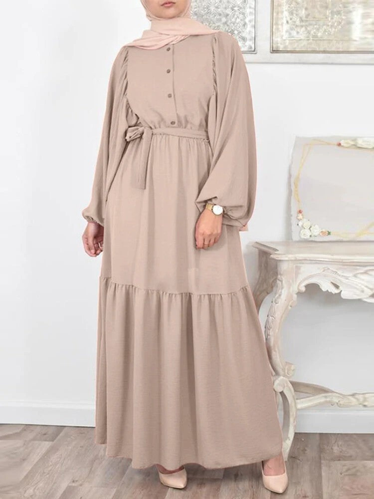 Muslim Solid Color Puff Sleeve O-neck Overlong Dress With Belt