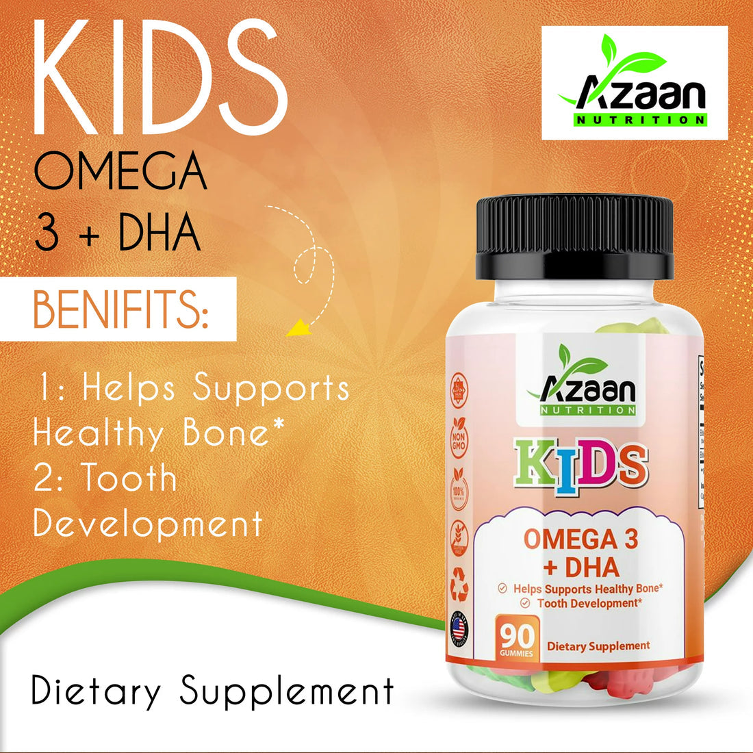 Azaan Kids Halal Vegan Omega 3 + DHA Gummies Support Brain, Heart, Immune Health - Delicious & Nutritious!