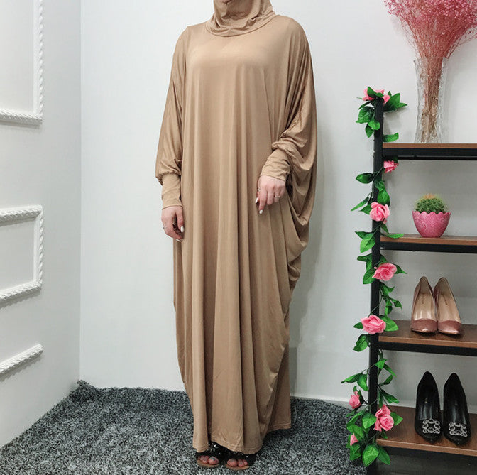 Solid Color Bat Sleeve Hooded Robe Dress