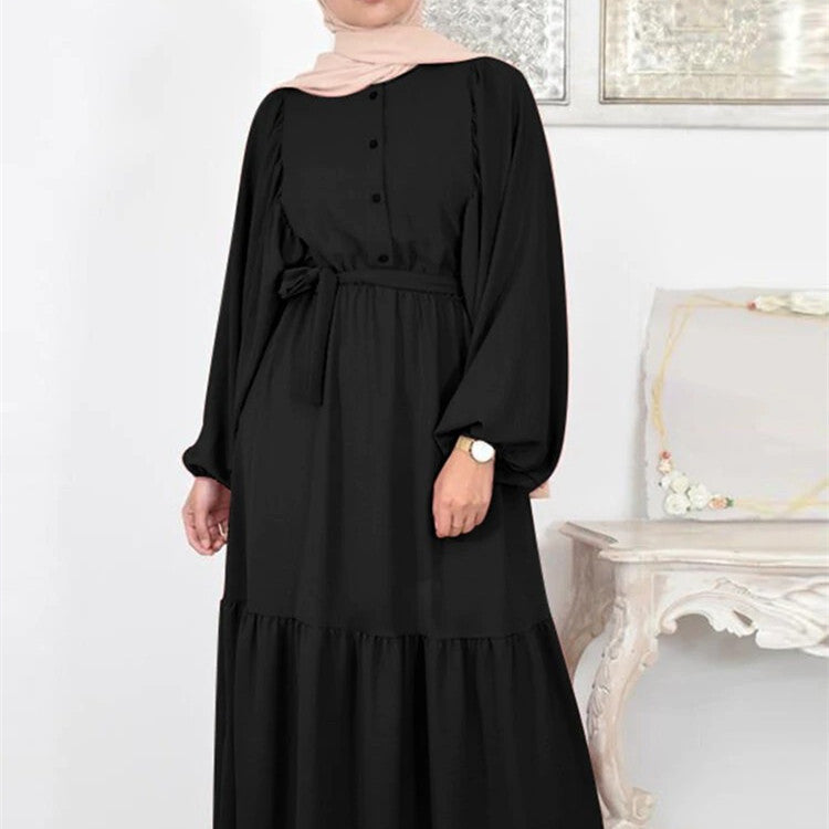 Muslim Solid Color Puff Sleeve O-neck Overlong Dress With Belt